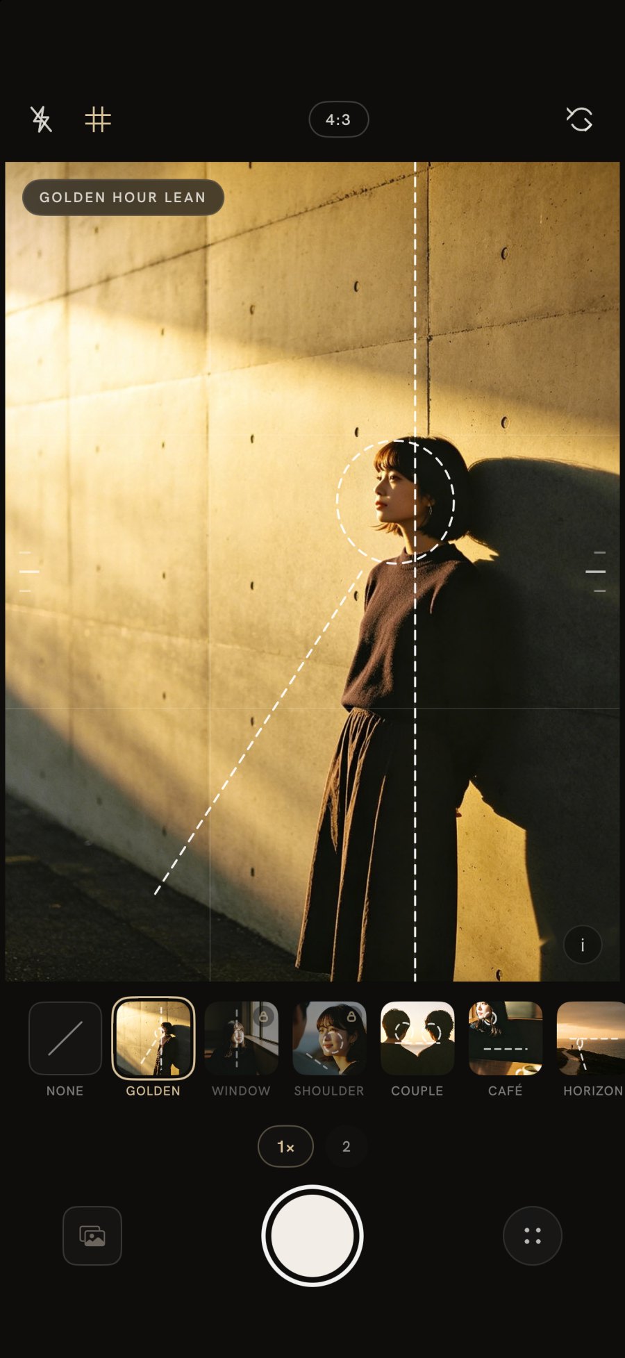 Muse viewfinder with dashed composition guides over a golden hour portrait